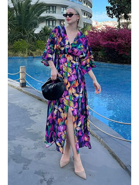 Madmext Mor Uzun V Yaka Desenli Kadın Elbise Mg2076 - S000185540-20042