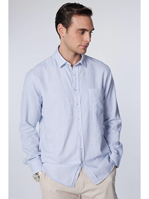 TUDORS Erkek Regular Fit Klasik Kesim %100 Pamuk Keten Doku Mavi Gömlek