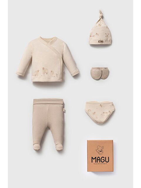 Magu Unisex Bebek Pamuklu Bej Koyun Desenli 5'Li Yenidoğan Hastane Çıkış Seti - S000512994-19928
