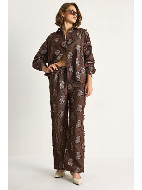 SHADE Kadın Oversize Gömlek Beli Lastikli Pantolon Saçaklı Dokuma Alt-Üst Takım - S000443511-19413