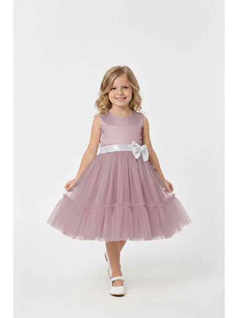 Modanino Kız Çocuk Elbise -Saten Tüllü Kumaş-Kuşak ve Fiyonk Detaylı 2-8 Yaş 12517 - S000512998-23490