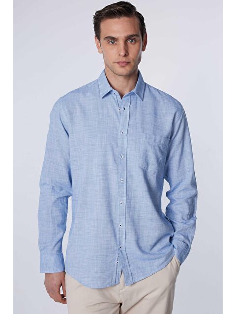 TUDORS Erkek Regular Fit Klasik Kesim %100 Pamuk Keten Doku Mavi Gömlek - S000201668-21164