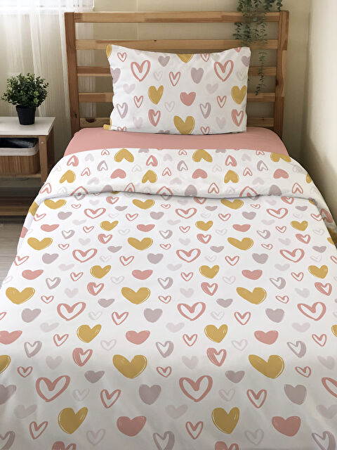 Evmila Çift Taraflı Kalp  Desenli Çarşafsız Takım Tek Kişilik Nevresim Takımı 160x220 Cm - S000337867-23173
