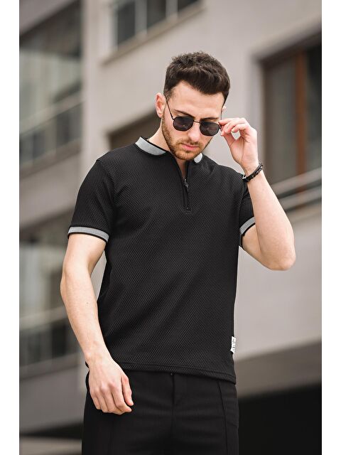 Oksit Petek Desen Fermuarlı Kolej Yaka Erkek Tişört - S000124827-19351