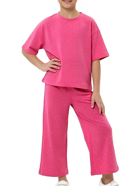 Modanino Kız Çocuk Taş Süslemeli Uzun Kaprili Alt-Üst Takım 4-12 Yaş 12566