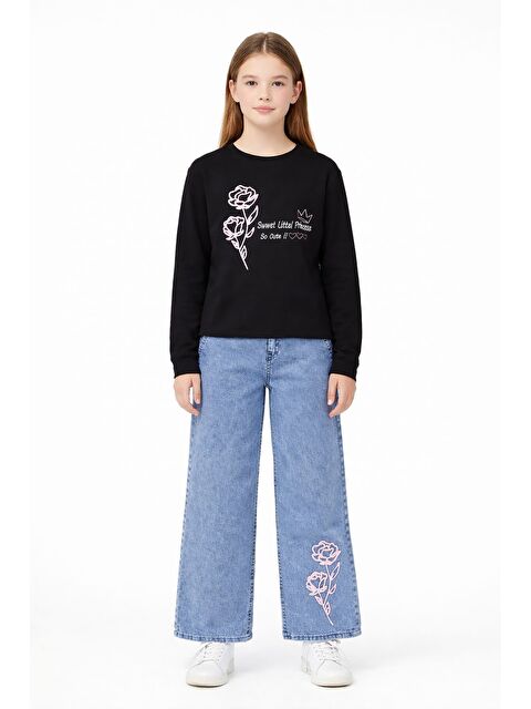 Cansın Mini Siyah Gül Nakışlı Badili Jean Pantolonlu Kız Çocuk 2li Takım 23748