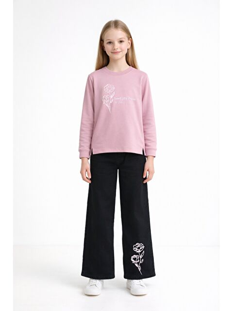 Cansın Mini Pembe Gül Nakışlı Badili Jean Pantolonlu Kız Çocuk 2li Takım 23750