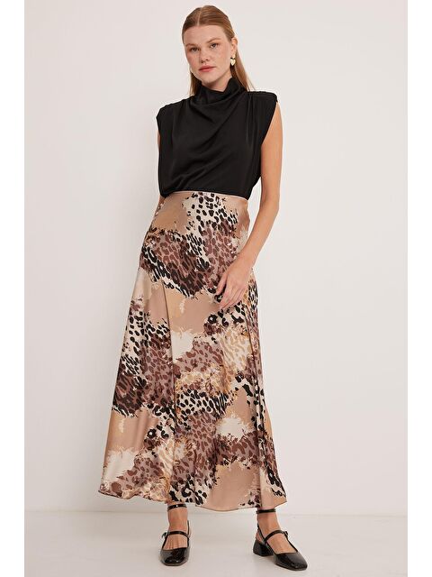 Bigdart Kadın Sütlü Kahve Desenli Saten Etek 15877 - S000194284-5199