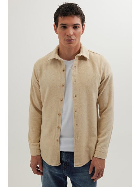 TUDORS Erkek Slim Fit Dar Kesim Uzun Kollu Düz Kışlık Oduncu Açık Bej Gömlek - S000525537-19927