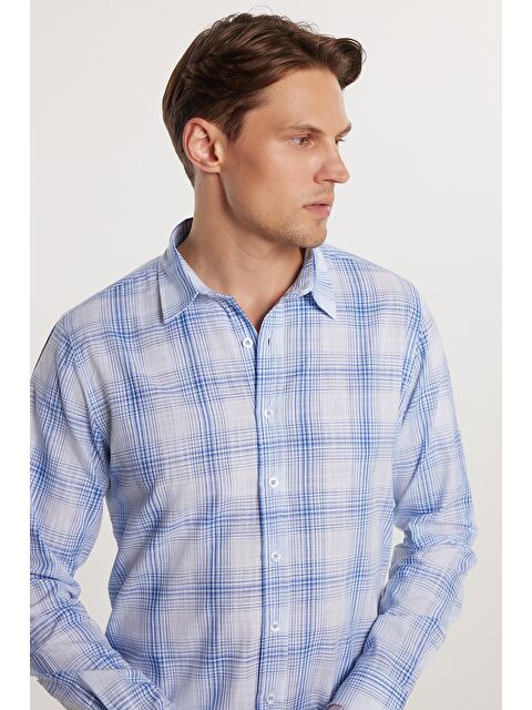 TUDORS Erkek Slim Fit Dar Kesim %100 Pamuk Keten Doku Kareli Gömlek - S000525536-23173