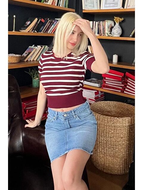 Madmext Bordo Bisiklet Yaka Çizgili Kadın T-Shirt Mg2400 - S000440058-19951