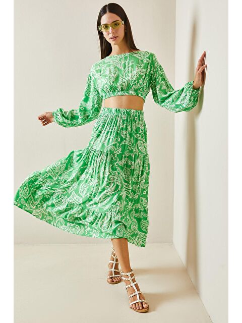 Xhan Yeşil Desenli Salaş Crop İkili Takım 5YXK8-48886-08 - S000241815-18194