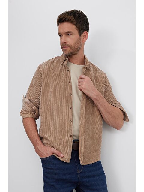 TUDORS Erkek Regular Fit Rahat Kesim Fitilli Kadife Görünüm Düğmeli Yaka Açık Kahve Ceket Gömlek - S000525539-17365