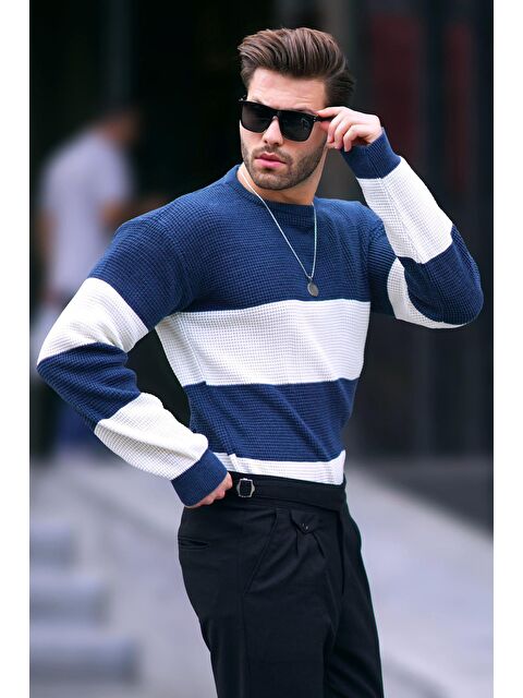 Madmext İndigo Bisiklet Yaka Renk Bloklu Uzun Kollu Örme Kazak 7236 - S000231878-23093