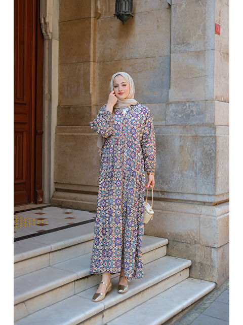 Locco Moda Kadın Stilize Çiçek Desenli Elbise Lacivert - S000387929-21164