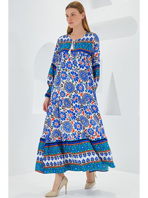 Bigdart Kadın Saks Mavi Desenli Uzun Viskon Elbise 1947 - S000089469-2497