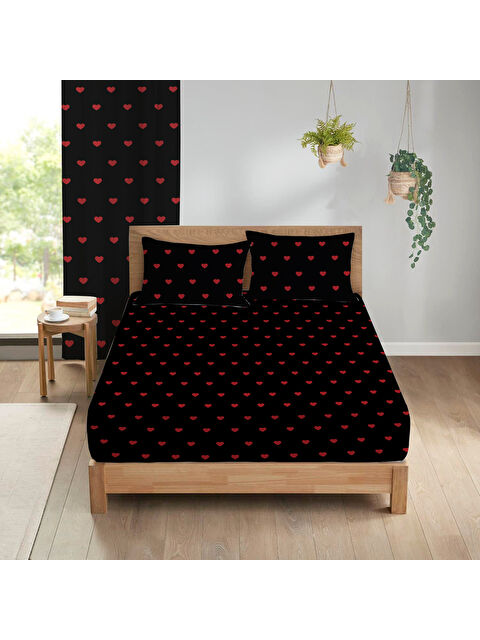 Evmila Kalp Desenli Baskılı 180x200 Çift Kişilik Lastikli Çarşaf Seti - S000337874-23173