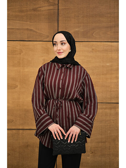Locco Moda Kadın Kalın Çizgili Desenli Bel Bağlamalı Şifon Gömlek Bordo - S000513639-19951