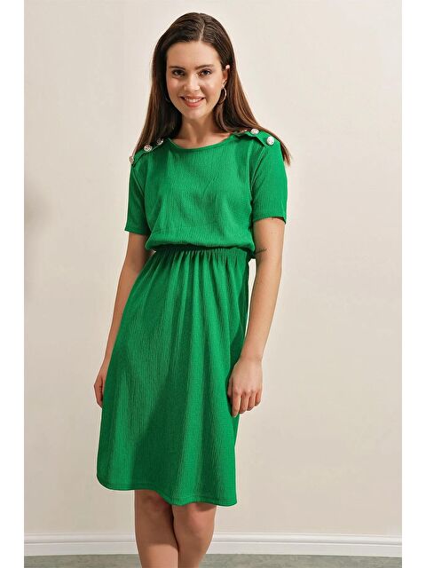 Hazelin Kadın Yeşil Elastik Bel Düğme Detaylı Rahat Örme Elbise - S000122906-18194