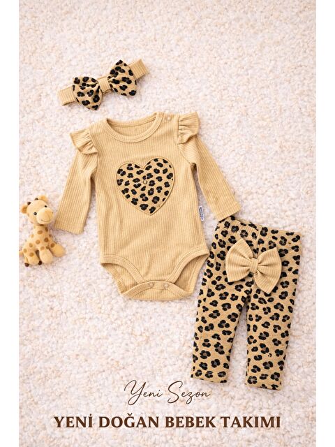 Kidex's Tatlı Kız Bebek Kalpli Leopar Desenli Tarz Fitilli 3’lü Takım Saç Bantlı Kombin