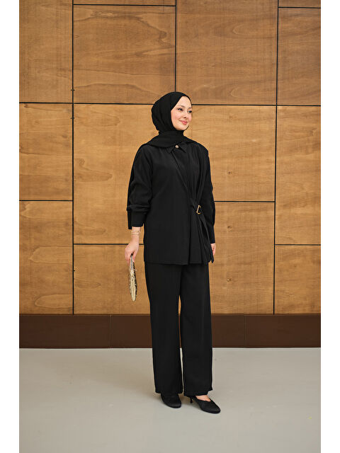 Locco Moda Kadın Beli Gold Kemer Detay Gömlek Yaka Takım Siyah - S000513582-19351