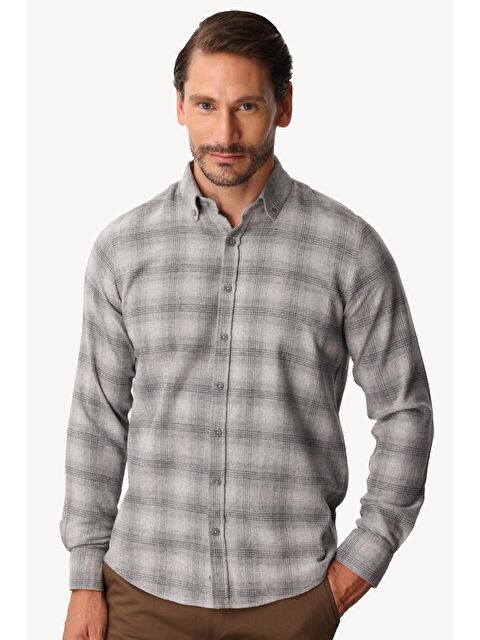 igs Gri Dynamic Fit Düğmeli Yaka Ekose Uzun Kollu Pamuklu Gömlek - S000490112-20600