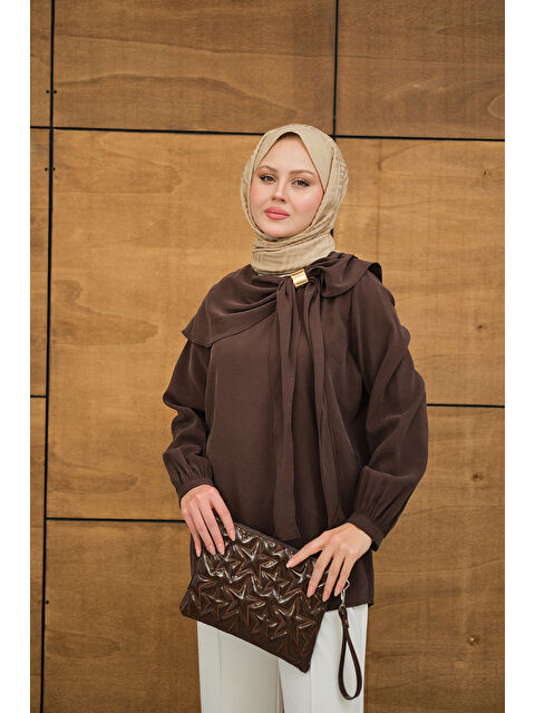 Locco Moda Kadın Fular Yaka Cupra Gömlek Kahverengi - S000513585-19413