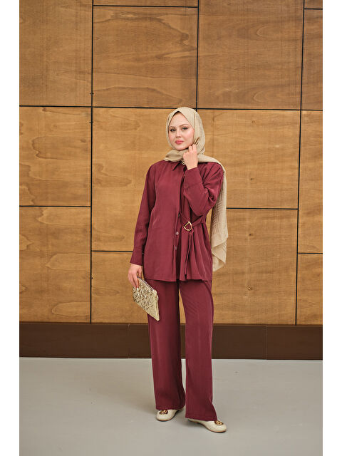 Locco Moda Kadın Beli Gold Kemer Detay Gömlek Yaka Takım Bordo - S000513582-19951
