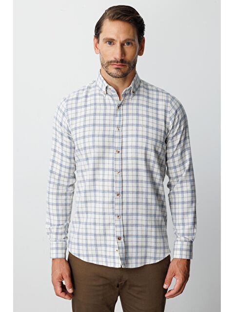 igs Ekru Dynamic Fit Düğmeli Yaka Ekose Uzun Kollu Pamuklu Gömlek - S000525548-19413