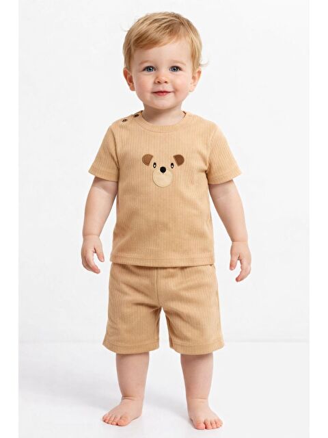 Kidex's Erkek Bebek Tarz Fitilli Ayıcık Baskılı Şortlu Takım Yazlık 2’li Takım