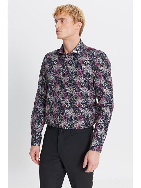 AC&Co / Altınyıldız Classics Erkek %100 Pamuk Slim Fit Büyük İtalyan Yaka Baskılı Gömlek