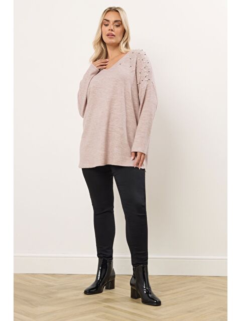 Stil Diva Büyük Beden V Yaka Uzun Kollu Boncuklu Pelüş Sweatshirt 285055 - S000484731-7152