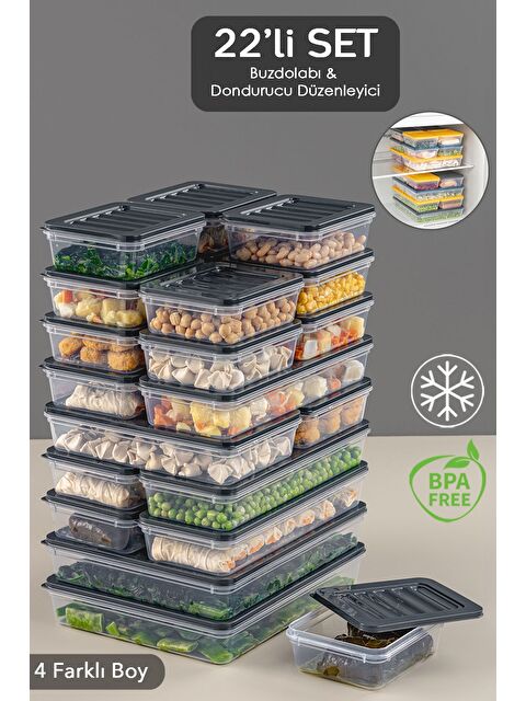 Meleni Home Mikrodalga ve Difriz Uyumlu 22 Parça Saklama Kabı Seti 2x2400Ml 2x1200Ml 6x1170Ml 12x600Ml  Antrasit - S000378890-29666