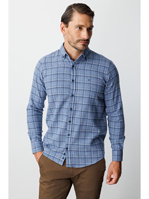 igs Mavi Dynamic Fit  Düğmeli Yaka  Ekose Uzun Kollu Pamuklu Gömlek - S000525548-17234