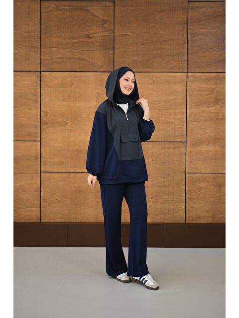 Locco Moda Kadın Yarım Fermuarlı Tek Cepli Pantolonlu Takım Lacivert - S000513641-21164