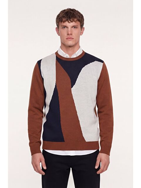 Sabri Özel Erkek Kiremit Normal Kesim Regular Fit Yünlü  Desenli Bisiklet Yaka Triko Kazak