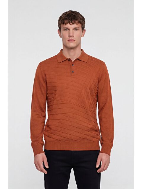 Sabri Özel Erkek Kiremit Normal Kesim Regular Fit Yünlü Düğmeli Polo Yaka Triko Kazak