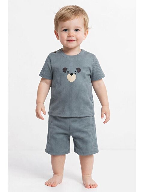Kidex's Erkek Bebek Tarz Fitilli Ayıcık Baskılı Şortlu Takım Yazlık 2’li Takım
