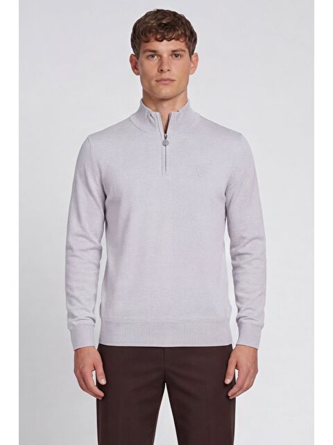 Sabri Özel Giotelli Erkek Gri Normal Kesim Regular Fit Pamuklu Fermuarlı Yarım Balıkçı Yaka Triko Kazak