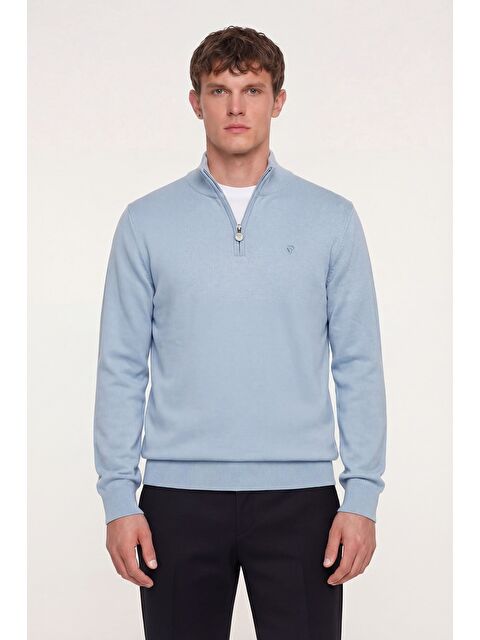 Sabri Özel Giotelli Erkek Mavi Normal Kesim Regular Fit Pamuklu Fermuarlı Yarım Balıkçı Yaka Triko Kazak