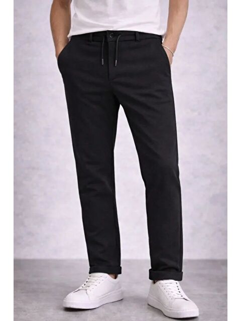 Jane's Erkek Diagonel Mikro Dokulu Duble Paça Cepli Pantolon Bağcıklı Bel, Modern Kesim - Siyah