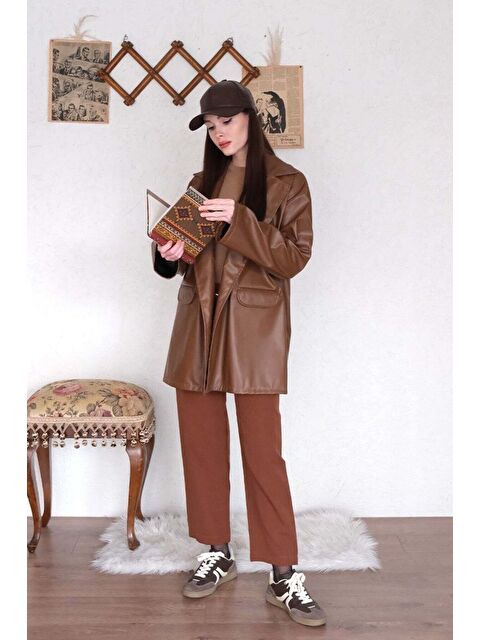 Ceylan Otantik Kahverengi Deri Ceket Kahverengi Krep Boru Paça Pantolon - S000324927-19413