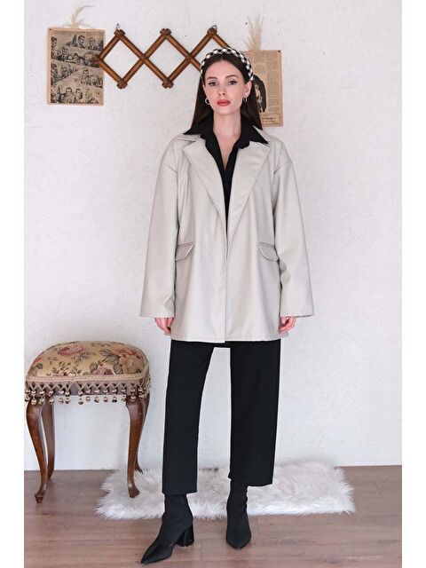 Ceylan Otantik Taş Deri Ceket Siyah Krep Boru Paça Pantolon - S000324927-25636