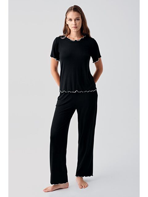 Artış Kısa Kollu Fırfır Detaylı Rahat Esnek Viskoz Pijama Takım 19211 - S000513644-19351