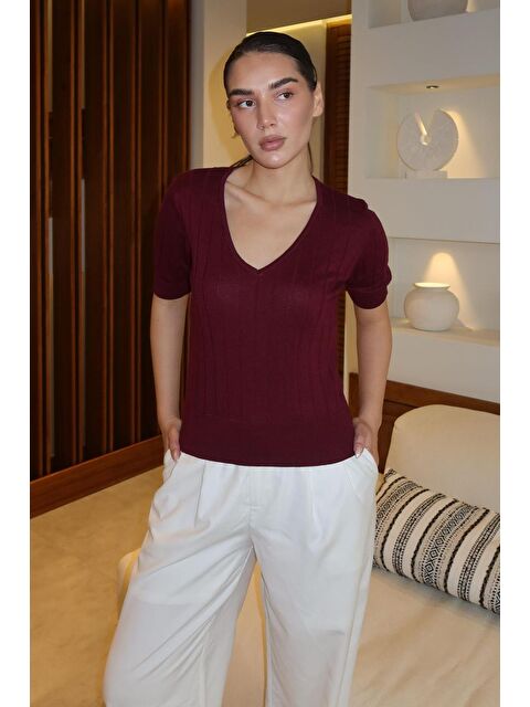 Madmext Bordo V Yaka Örgülü Kadın Triko Tişört Mg2369 - S000440063-19951