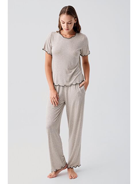 Artış Kısa Kollu Fırfır Detaylı Rahat Esnek Viskoz Pijama Takım 19211 - S000513644-37198
