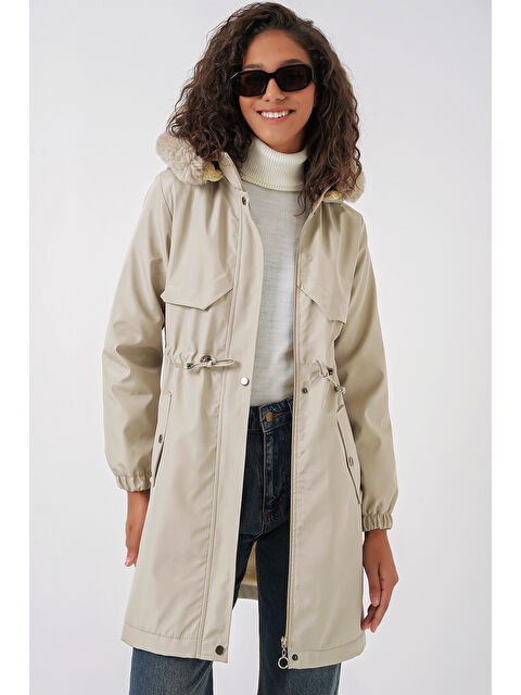 Bigdart 9129 Kapüşonlu Suni Kürklü Kaban   Taş - S000109689-25636