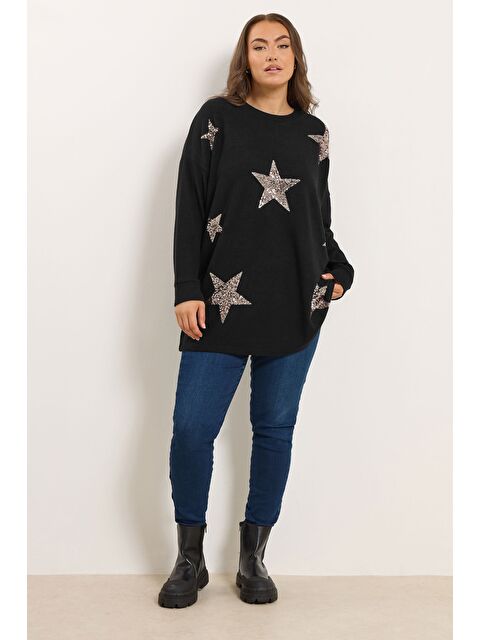 Stil Diva Büyük Beden Bisiklet Yaka Uzun Kollu Payetli Pelüş Sweatshirt 285075 - S000484737-19351