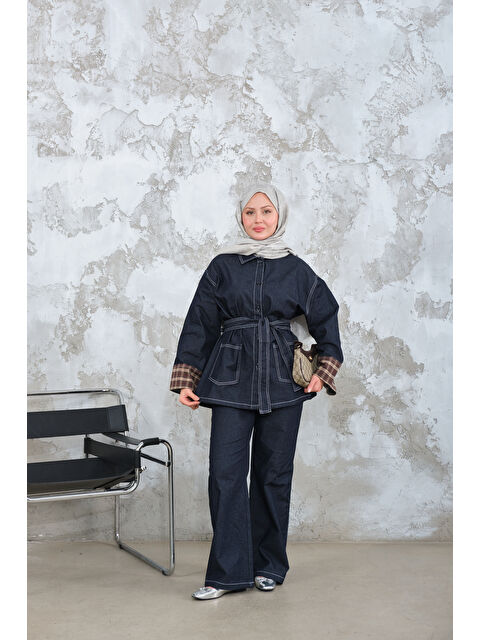 Locco Moda Kadın Dikiş Detay Gömlek Yaka Garnili İkili Takım Lacivert - S000510094-21164