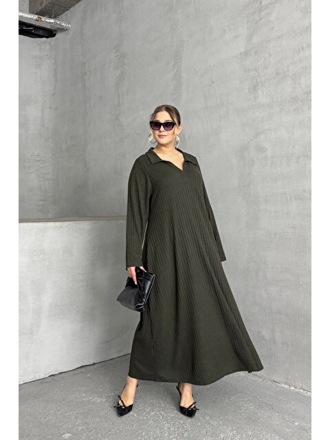 Stil Diva Büyük Beden V Yaka Uzun Kollu Fitilli Eteği Bollaşan Uzun Elbise 322182 - S000324930-18547